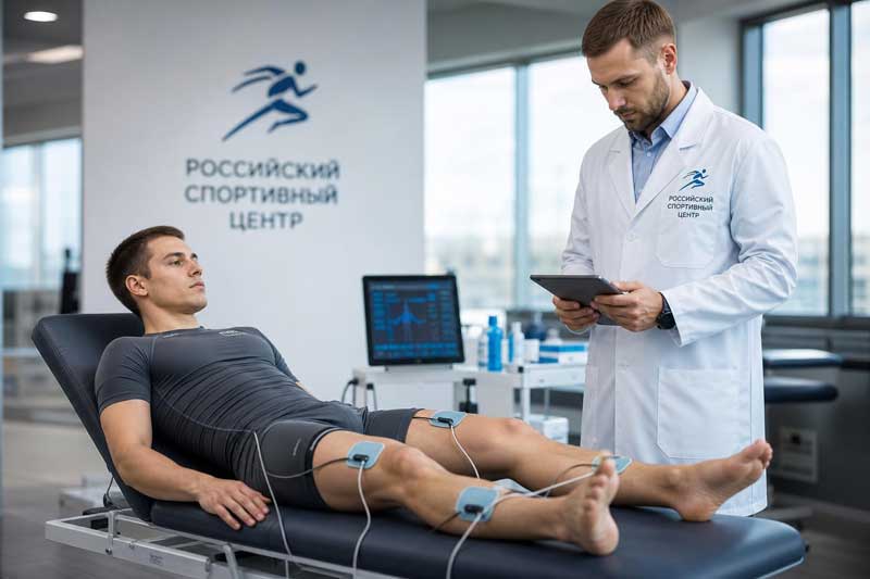 Спортсмен проходит сеанс электростимуляции мышц под контролем физиотерапевта в российском спортивном центре